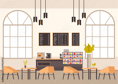 Empty cafe bar restaurant pub furniture interior. Vector concept flat graphic simple illustration