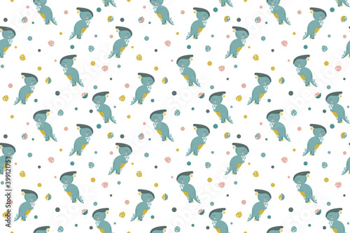 Seamless pattern of cute cartoon joyful parasaurolophus standing on its hind legs in profile, monstera leaves and circles. Repeating herbivorous dinosaurs. Vector.