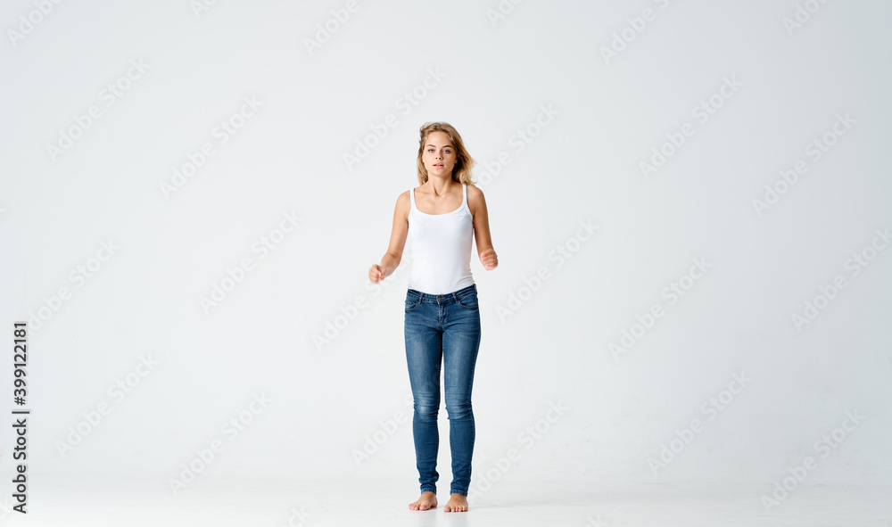 happy woman on light background posing emotions model Copy Space 