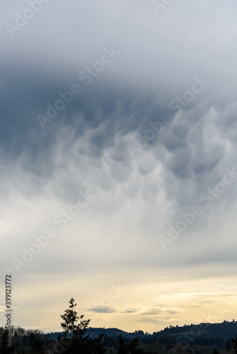 Moody winter day, silhouette skyline with stormy cloudy sky, as a nature background 