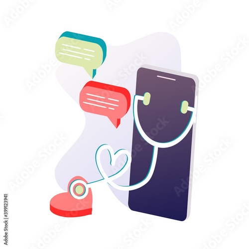 3D Online Doctor on the screen. Medical internet consultation concept. Healthcare consulting web service. Hospital support, online diagnosis, ask a doctor, computer doctor. Vector flat illustration.