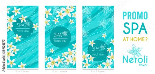 Fresh happy bright branding promotion spa, massage, beauty, aromatherapy treatment or products vertical leaflet template with white neroli orange flowers, cyan blue waterflow and bubbles on background