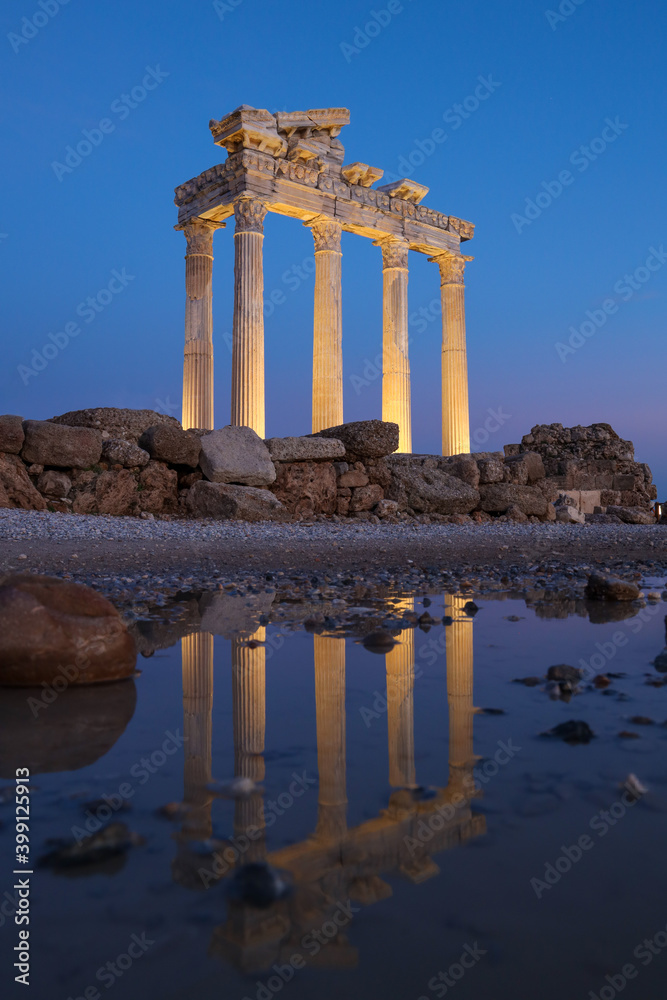 Beautiful reflection of Apollo Temple at Sunset in Antalya Turkey
