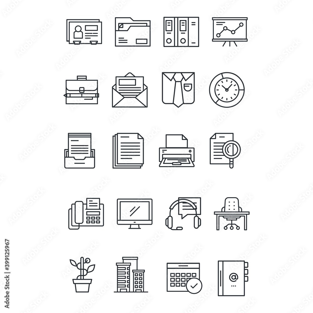 Business office icons set in line design style.