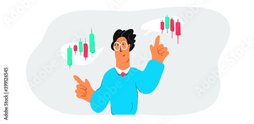 Cartoon broker watching the movement of the chart. Stock trader makes a choice between buying or selling shares. Cryptocurrencies trading. Vector Illustration. Eps 10