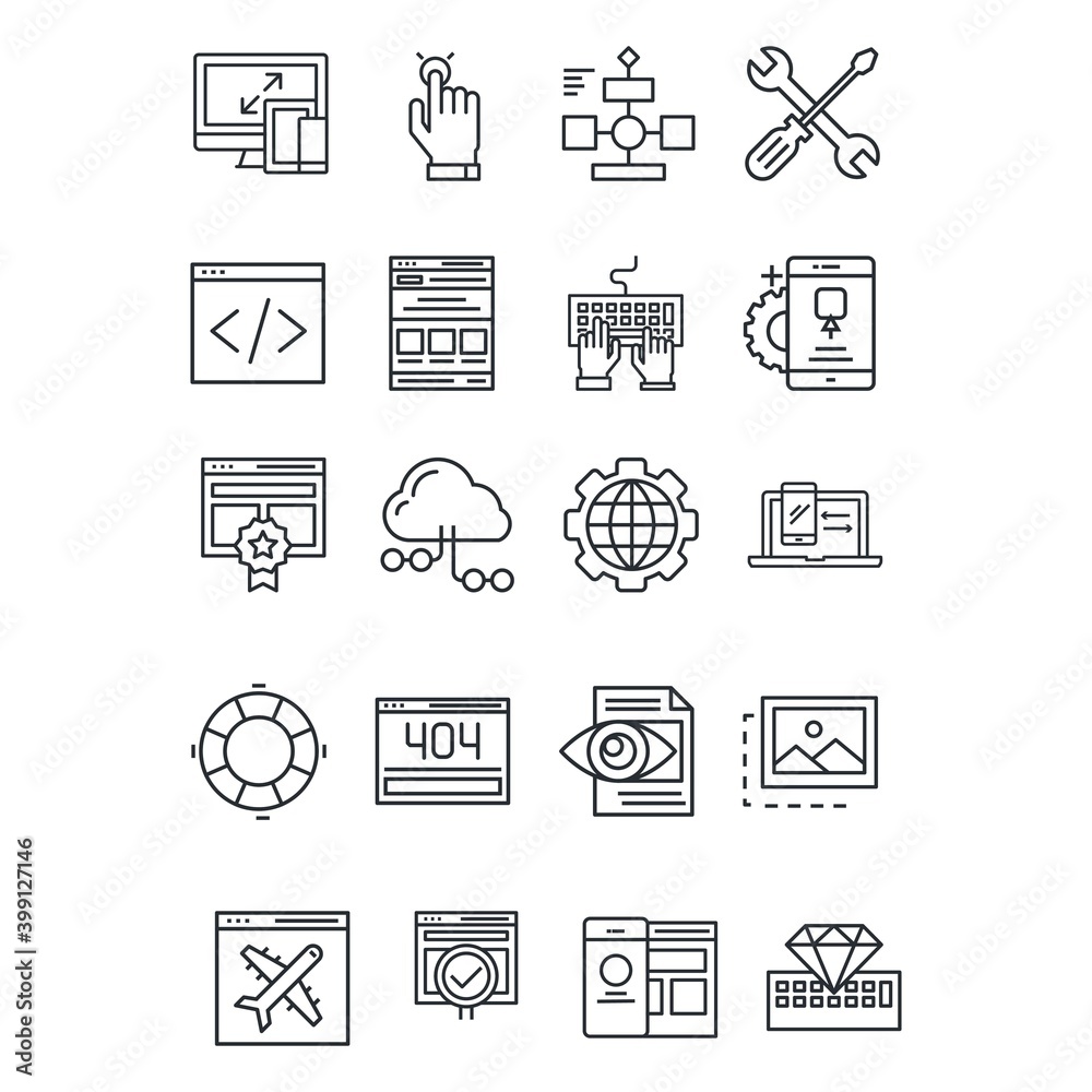 Line icons set with elements of responsive web development service, website programming process, webpage coding and user interface creating. Modern vector pictogram collection concept. Line icons set with elements of responsive web development service, website programming process, webpage coding and user interface creating. Modern vector pictogram collection concept.