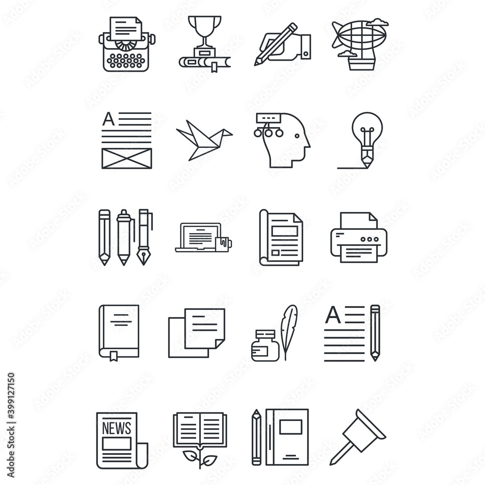 Publishing, writing, news agency icons set. Line vector illustrations.