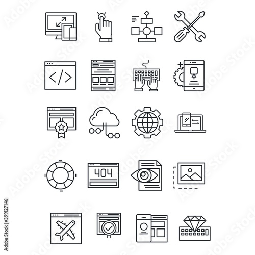 Line icons set with elements of responsive web development service, website programming process, webpage coding and user interface creating. Modern vector pictogram collection concept.