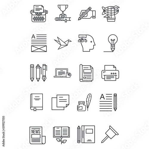 Publishing, writing, news agency icons set. Line vector illustrations.