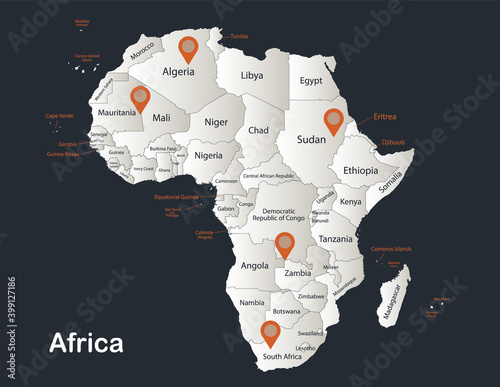 Africa map, Infographics flat design colors snow white, with names of individual states vector