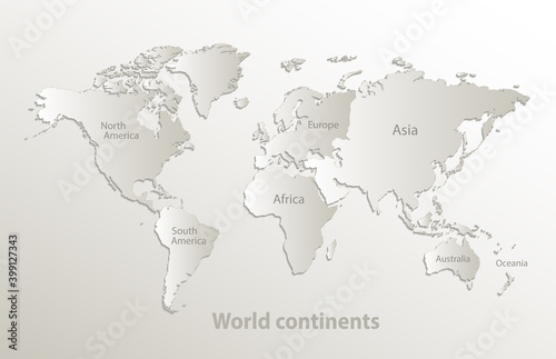World continents map, separate individual continent with names, card paper 3D natural vector