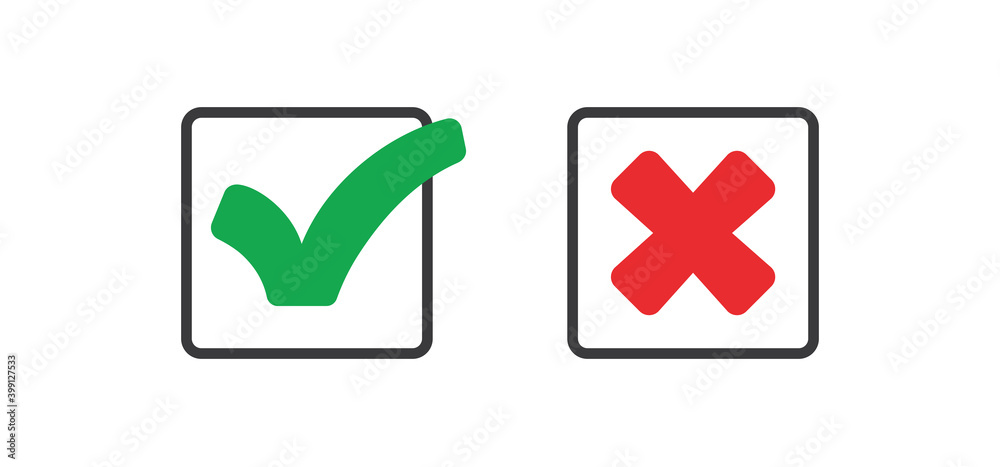 Check mark icons. Green tick and red x. Approval and decline symbols. Check mark icons. Green tick and red x. Approval and decline symbols.