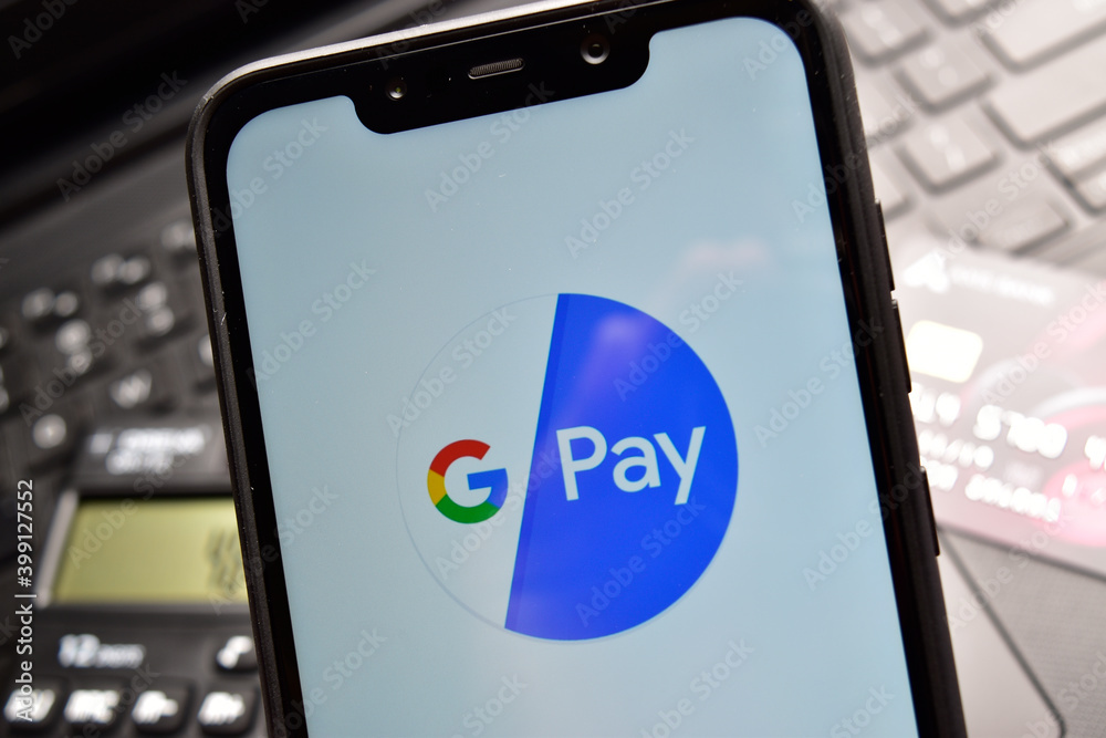 Google pay logo on smartphone, Platform for transfer money google pay