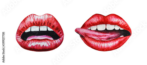 Isolated watercolor lips. Sexy and glamorous red lips. Makeup and fashion. Lips with tongue and ajar mouth.  Illustration. Hand drawn.

