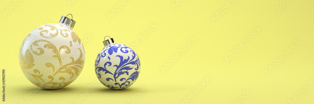 Two Christmas ball with a Golden ornament on a yellow background. New year's design. 3D visualization