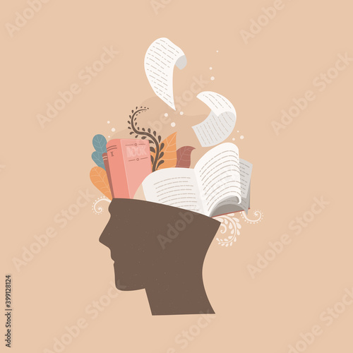 Human head with books inside. Book lover, knowledge and education concept. Vector color illustration isolated on beige background. Great for book exhibitions, shops, booklets..