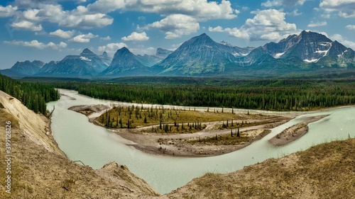 A view across Athabasca River to Mount Fryatt from Goat Lick Point on Icefields Pkwy, Jasper, Alberta, Canada photo