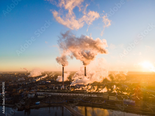 Power plant, smoke from the chimney. Air pollution environmental contamination, ecological disaster earth planet problems concept.