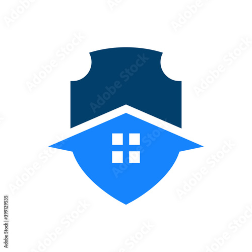 Símbolo seguro del hogar. Logotipo escudo con casa en color azul