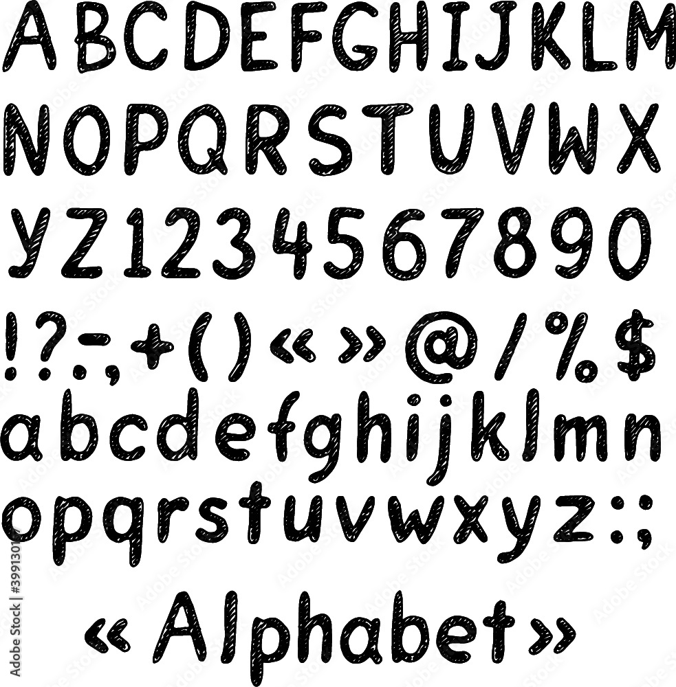 Vector alphabet. Hand-drawn sketches on a white background. Large and small letters and numbers. For menu design, signage, and display cases. Engraving style Vector alphabet. Hand-drawn sketches on a white background. Large and small letters and numbers. For menu design, signage, and display cases. Engraving style