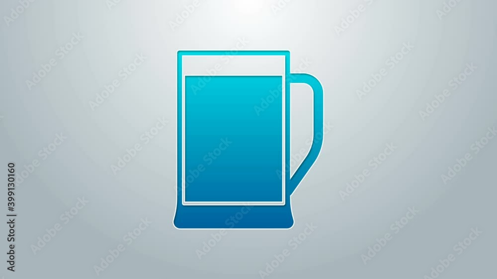 Blue line Glass of beer icon isolated on grey background. 4K Video motion graphic animation Blue line Glass of beer icon isolated on grey background. 4K Video motion graphic animation