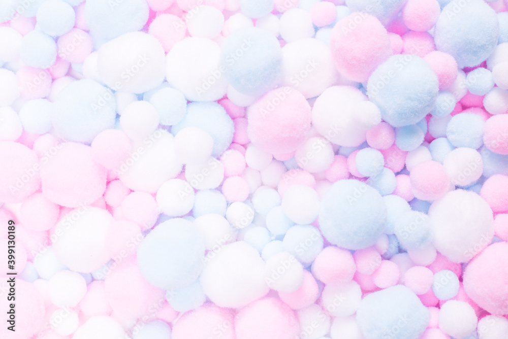White, pink and blue soft pompons. White, pink and blue soft pompons.