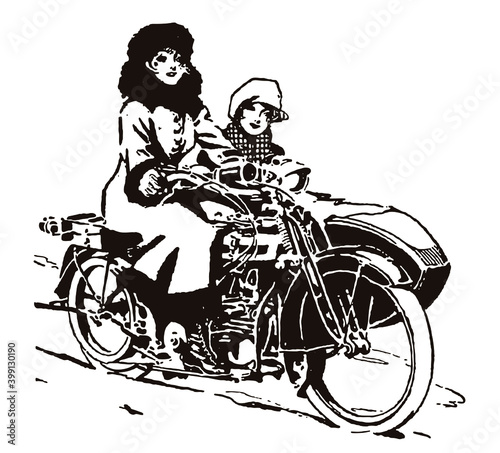 Two smiling young women from the early 20th century riding classic motorcycle with sidecar, in three-quarter view