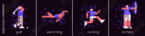 Vector illustration. Set of icons, sports and activities, Golf, swimming, running and archery. Abstract, background patterns, triangular mosaics, stylized polygonal images, geometric backgrounds.