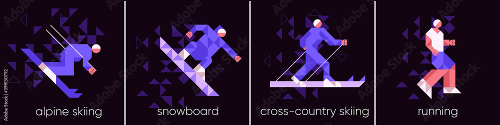 Vector illustration. Set of icons, sports and activities, alpine skiing, snowboarding, cross-country skiing and running. Abstract, background patterns, triangular mosaics, stylized polygonal images.