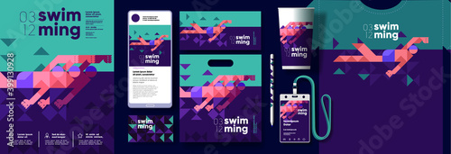 Vector illustration. Branding, corporate identity for swimming competitions. Post in social networks, ID card, package, t-shirt with the event brand. photo