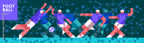 Vector illustration. The player scores the ball, the goalkeeper and the football team. Abstract, background patterns, triangular mosaics, stylized polygonal images, geometric backgrounds, large width.