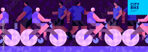 Vector illustration. Background pattern, city street, passers-by and cyclists. Abstract, background patterns, triangular mosaics, stylized polygonal images, geometric backgrounds, large width.
