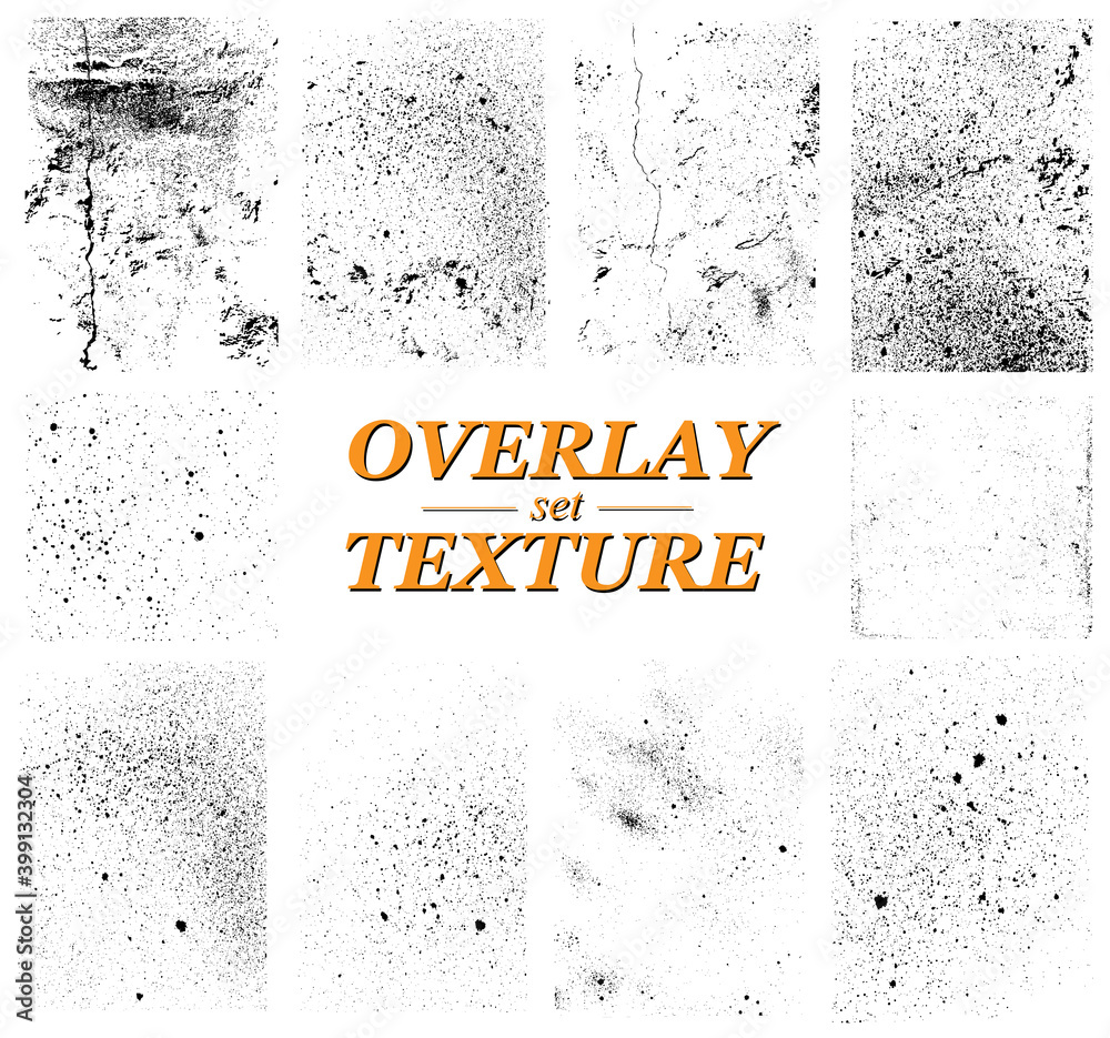 Old Overlay Texture. Different paint textures, urban background grunge, dust, distressed grain, overlay stamp, scratches and damage marks in vector set. Texture collection for your design. Vector
