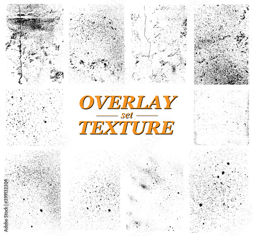 Old Overlay Texture. Different paint textures, urban background grunge, dust, distressed grain, overlay stamp, scratches and damage marks in vector set. Texture collection for your design. Vector
