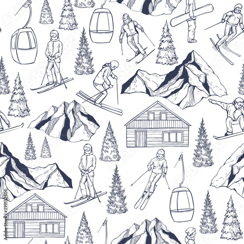 Ski resort. Hand drawn snowboarders and skiers. Vector pattern