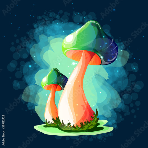 Mushrooms. Magic drawings with mushrooms. Against a dark background with uman and fire flashers. A beautiful, mysterious sticker. Modern colors and lines.