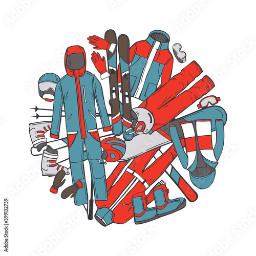 Clothing and equipment for skiers and snowboarders.  Vector illustration