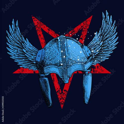 Vector illustration of  viking helmet whit wings and diabolic inverted star