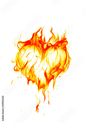 Burning heart symbol. Real fire flames isolated on white background.Valentine card.