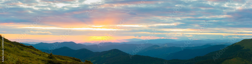 Colorful landscape of sunset in the mountains , scenic wild nature panorama, Carpathians, Ukraine