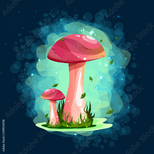 Mushrooms. Boletus. Magic drawings with mushrooms. Against a dark background with uman and fire flashers. A beautiful, mysterious sticker. Modern colors and lines.