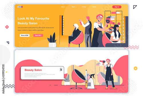 Beauty salon landing pages set. Hairdresser making hairstyle in hair salon corporate website. Flat vector illustration with people characters. Web concept use as header, footer or middle content.