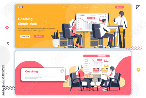 Coaching landing pages set. Business training, motivation and mentoring corporate website. Flat vector illustration with people characters. Web concept use as header, footer or middle content.