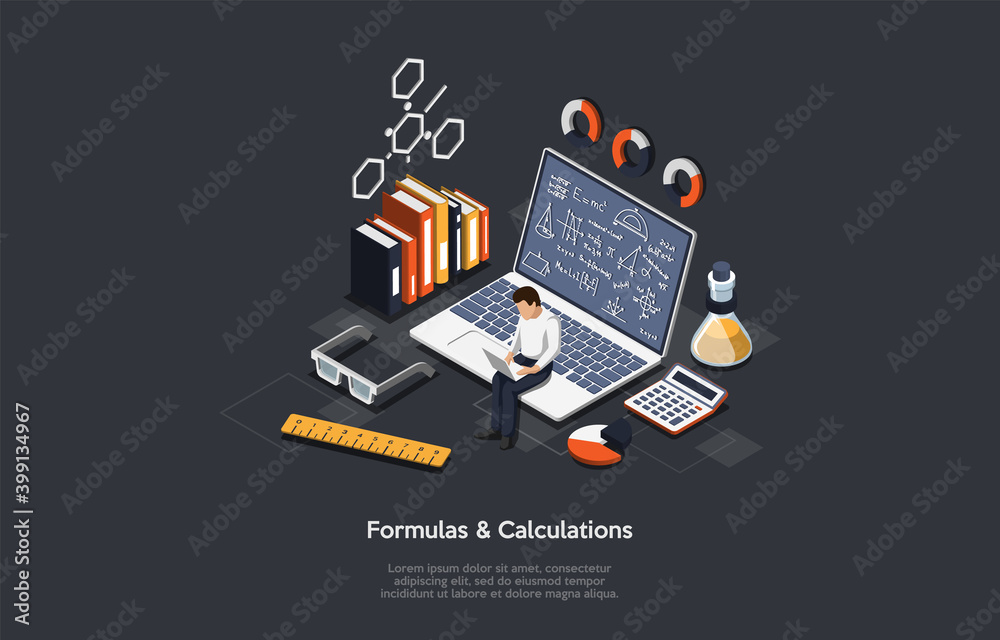 Vector Illustration With Formulas And Calculations Writings On Dark Background. Isometric Composition In Cartoon 3D Style With Scientist Character Sitting On Laptop. Books, Calculator, Flask, Ruler