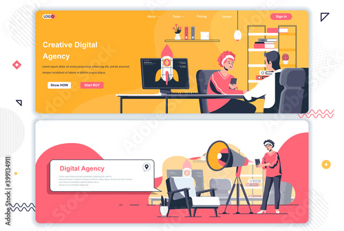 Creative agency landing pages set. Idea generation workflow, project launch corporate website. Flat vector illustration with people characters. Web concept use as header, footer or middle content.