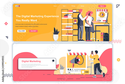 Digital marketing agency landing pages set. Marketing research, promotional campaign corporate website. Flat vector illustration with people. Web concept use as header, footer or middle content.