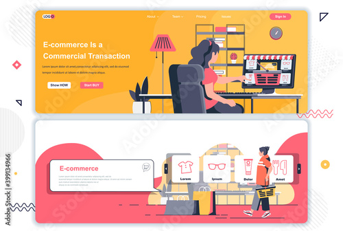 E-commerce landing pages set. Online shopping, internet marketplace corporate website. Flat vector illustration with people characters. Web concept use as header, footer or middle content.