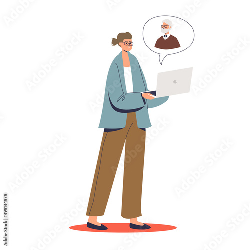 Female patient consulting with psychologist online with laptop and video conference call