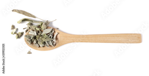 Dried Mealy sage flower leaves, Salvia farinacea, Blue salvia in wooden spoon isolated on white background, top view photo