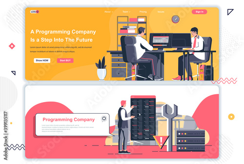 Programming company landing pages set. Software engineering and development team corporate website. Flat vector illustration with people. Web concept use as header, footer or middle content.